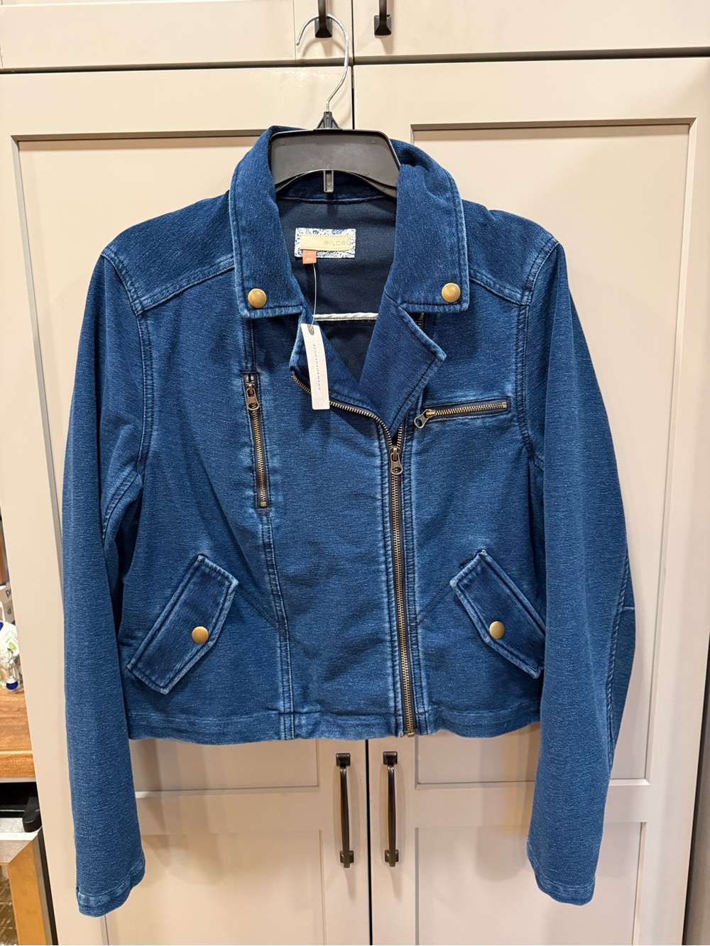 NWT Anthropologie Pilcro Indigo Denim Moto Jacket with Gold Hardware